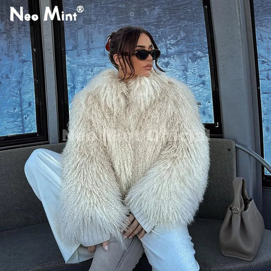 Iconic Blogger Fashion Faux Mongolia Sheep Fur Coat Women 2026 Winter Fluffy Warm Fur Jacket Chic Street Girl Outerwear