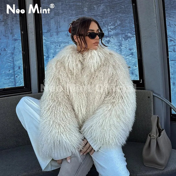 Iconic Blogger Fashion Faux Mongolia Sheep Fur Coat Women 2026 Winter Fluffy Warm Fur Jacket Chic Street Girl Outerwear