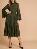 Elegant Vintage Green Lace Midi Dress for Women High Neck Sheert Flare Sleeve Belted Waist Desgin for Luxury Dinners Party