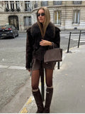 Vintage Lapel Suede Lace Up Jackets Women Solid Fur Collar Pad Shoulder Short Coats 2025 Female Autumn Chic Casual Streetwear