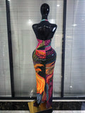 Shining Colorful Print Rhinestones Women Sexy Halter Backless Mesh Long Gowns Dress Nightclub Party Birthday Photoshoot Wear