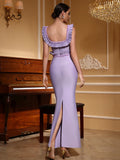 Luxury Violet Bandage Long Dress Women's Ruched Beaded Tight Strap Maxi Dress Elegant Celebrity Evening Birthday Party Vestidos