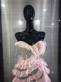 New Arrival Women Pink Rhinestones Mesh Ruffles Sexy Laced-up Long Maxi Dress Birthday Photoshoot Wear Cocktail Party Cute Dress