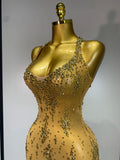 Sparkly Crystal Diamond Gold Sexy See-Through Sheath Dress Nightclub Performance Custome Stage Wear Birthday Evening Party Dress