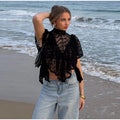 Sexy Cape Style Lace Perspective Top Women Half High Neck Short Sleeve Solid Irregular Pullover Lady Chic Casual Beach Top Cloth