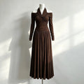 Elegant Women Folds Solid Slim Maxi Dresses Women Halter Neck Long Sleeve High Waist Long Dress Female Party Prom Gowns