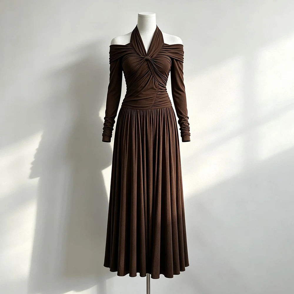 Elegant Women Folds Solid Slim Maxi Dresses Women Halter Neck Long Sleeve High Waist Long Dress Female Party Prom Gowns