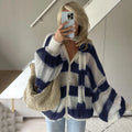 Fashion Striped Sweater Cardigan With Scarf Female Loose Thin Hollow Knitted Top Lantern Sleeve Contrast Color Retro Top