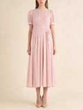 Art Exhibitions Pink Pleated Maxi Dress for Women Puff Sleeve Twist Waist Accent Pleated Bodice for Wedding Guest