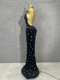 Sparkly Silver Crystal Studded Deep Cut Bodycon Satin Long Prom Gown Nightclub Dress