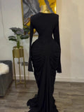 Classic Banquet Dress+Scarf Women Irregular Collar Flare Sleeve Elegant Pleat Patchwork Evening Stretch Slim Bodycon