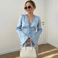 Elegant Summer Tops Women's Fashion Solid V-Neck Lace-Up Long Sleeve Tops New Chic Casual Office Lady Women's T-Shirts
