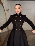 Elegant Stand Collar Metal Button Maxi Coat Lady Double Breasted Cinched Waist A-line Flared Overcoat Fall Date Party Outerwear