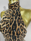 Women Sexy Eveing Party Club Birthday Stage Dress Elegant Halter Leopard Sleeveless Shiny Sequins Backless Bodycon Long Dress