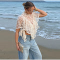 Sexy Cape Style Lace Perspective Top Women Half High Neck Short Sleeve Solid Irregular Pullover Lady Chic Casual Beach Top Cloth