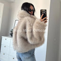 Exclusive Black Faux Leather Fur Cropped Coat Women Winter 2026 Chic Reversible Gradient Fluffy Fox Fur Jacket Overcoat