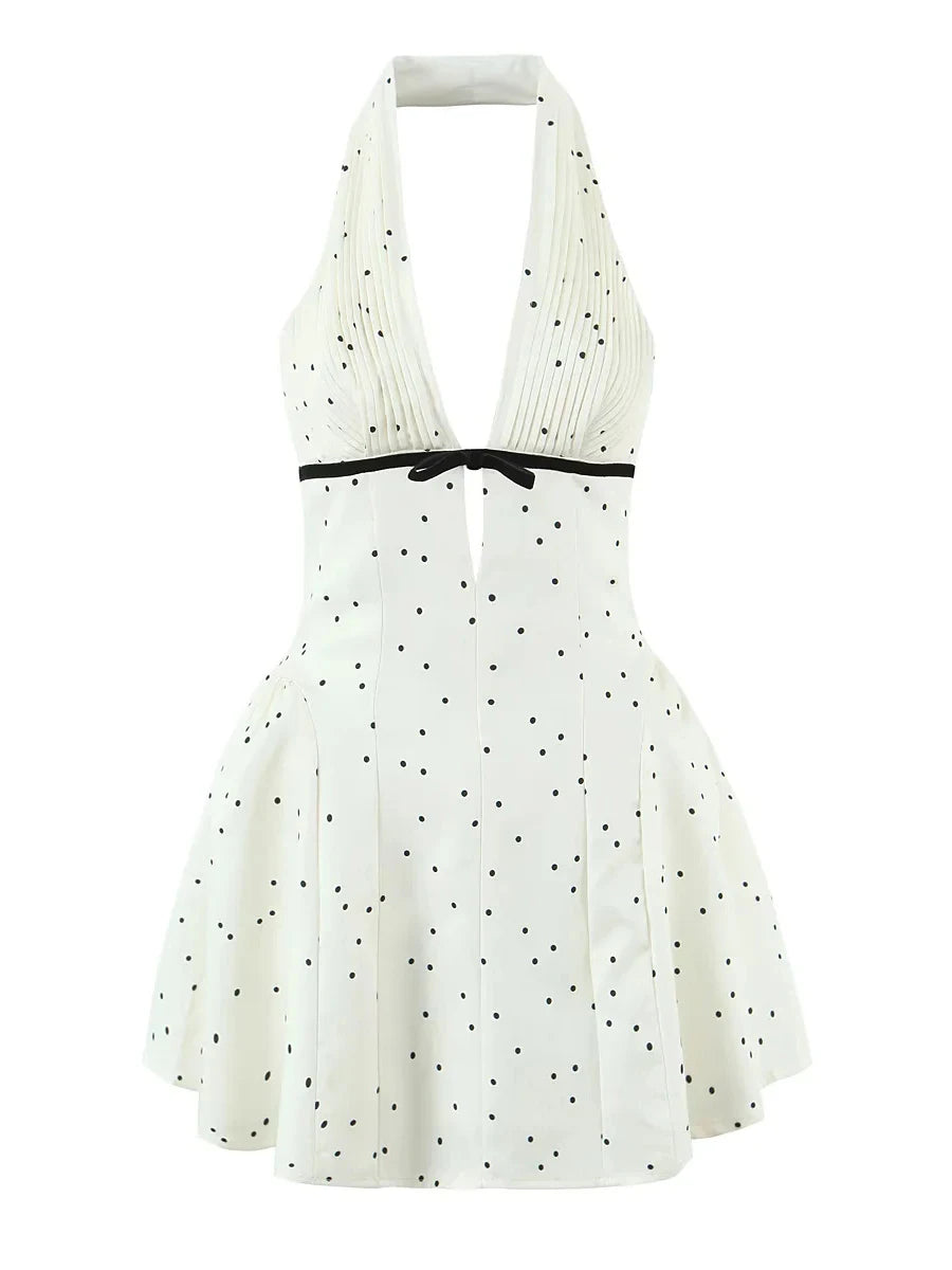 Polka Dot Halter Mini Dress for Women Sleeveless Bow Accent Waist Pleated Bodice Flared Skirt for Fashion Parties