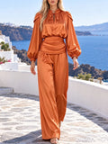 Satin Two Piece Set for Women Ruffle Mock Neck Long Lantern Sleeve Crop Top Pleated Wrap Wide Leg Pants for Vacation Daily
