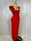 Women Red 3D Floral Beading Pearl Sexy Sleeveless Bodycon Long Bandage Dress Elegant Club Party Birthday Wedding Prom Wear