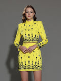Two Piece Sets for Women Stand Collar Long Sleeve Spliced Diamonds Top High Wiast Mini Skirt Elegant Outfit Female