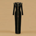 Black Velvet Holiday Celebrations Maxi Gown for Women O Neck Gold Trim Slim Jewel Accent High Slit Dresses for Luxury Dinner