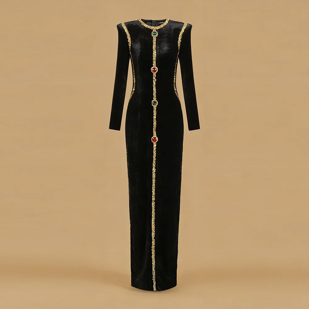 Black Velvet Holiday Celebrations Maxi Gown for Women O Neck Gold Trim Slim Jewel Accent High Slit Dresses for Luxury Dinner