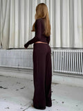White Ribbed Knit Two Piece Set for Women Slim Button Accent Cardiagns Low Waist Loose Pant Suit for Casual Outings