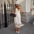 Beige Embroidered Long Tunic Top V Neck Long Sleeve Lace Fringe Hem Boho Blouse 2026 Summer Beach Vacation Cover‑up Streetwear