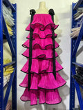 Hit Color Ruffles Cake Maxi Dress for Women Square Collar Off The Shoulder Spliced Bow Evening Temperament Dresses Female