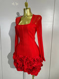 Women Sexy Red 3D Rose Flowers Bandage Mini Dress Mesh Long Sleeve Evening Prom Birthday Party Photo Shoot Cocktail Party Dress