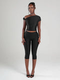 Sexy Irregular Knot 2-Piece Set Women Diognal Collar Crop Top+Capri Pants Stylish Solid Hottie Street Slim Outfits