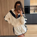 Color Block Zip Up Two Piece Set Women Long Sleeve Stand Collar Cropped Jacket High Waist Shorts 2026 Spring Summer Casual Suit