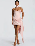 Elegant White Strapless Mini Dress For Women Luxury Corset Ribbon Ruched Short Curvy Dresses Pink Birthday Wedding Guest Summer
