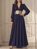 Glitter Deep V Flowy Floor Dress for Women Long Sleeve Ruched Bodice Gold Decorated Wide Waistband A Line Length for Party