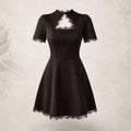 Sexy Lace Spliced Stand Collar Dress Women Summer Solid Slim High Waist Short Sleeves Leisure Dress Female Party Dress