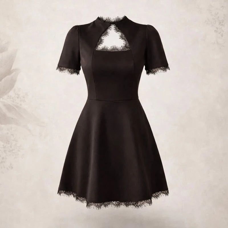 Sexy Lace Spliced Stand Collar Dress Women Summer Solid Slim High Waist Short Sleeves Leisure Dress Female Party Dress