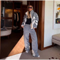 Women Color Block Spliced Ski Set Fleece Lined Stand Collar Zip Jacket Multi‑Pocket Wide Leg Trousers 2026 Winter Fashion Outfit