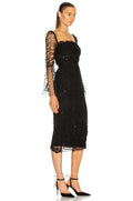 Women's Black Sheer Mesh Trumpet Sleeve Square Neck Waist-Cinching Dress Elegant Evening Performance Gown Vestidos De Bienvenida