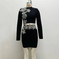 Women Long Sleeve Diamond Flowers 2 Pieces Bodycon Mini Bandage Dress Celebrate Nightclub Party Outfit Vestido