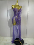 Sexy Purple Strapless Mesh See Through Long Dress Sparkly Diamond Tassel Birthday Evening Party Nightclub Bar DJ Show Stage Wear