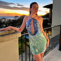 Sexy Sequin Shiny Mini Dress Women Luxury Blue Green Patchwork Halter Backless Short Dresses Evening Party Bright Dresses Beach