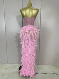 Women Sexy Elegant Evening Party Luxury Birthday Photo Shoot Performance Costume Sparkly Rhinestone Feather Mesh Long Dress