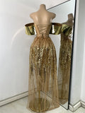 Flashing Gold Long Party Dress Luxury Diamonds Sequins See Thourgh Birthday Gown Sexy Off Shoulder Performance Singer Costume