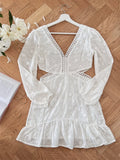 Solid Hollow Out Slimming Dresses for Womern V Neck Long Sleeveless Temperment Dresses Female New