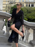 Sexy V-neck Polka Dot Long Dress Women Middle Sleeve Waist-cinching Slit Maxi Dresses Female Summer Chic Evening Party Dresses
