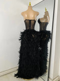 Women Sexy Straplss Crystals Diamonds Feather Luxury Party Dress Designer Mesh Transparent Performance Stage Outfit