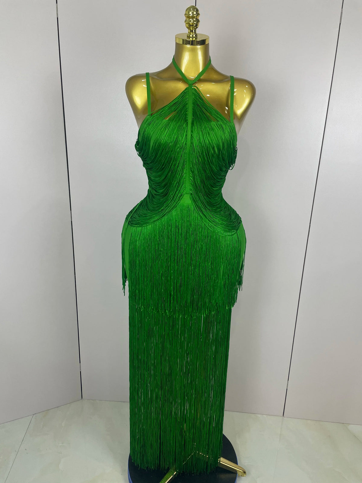 Elegant Sexy Backless Green Tassel Bodycon Long Bandage Dress Women Celebrity Evening Club Luxury Birthday Party Stage Outfit