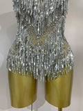 Luxury Sparkly Rhinestone Sequins Tassel Mesh Bodysuits Women Celebrate Eveing Birthday Party Nightclub Bar Dencer Stage Costume