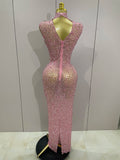 Luxury Sparkly Crystal Diamond Mesh See Through Maxi Long Dress Women Elegant Party Costume Singer Sexy Stage Performance Outfit