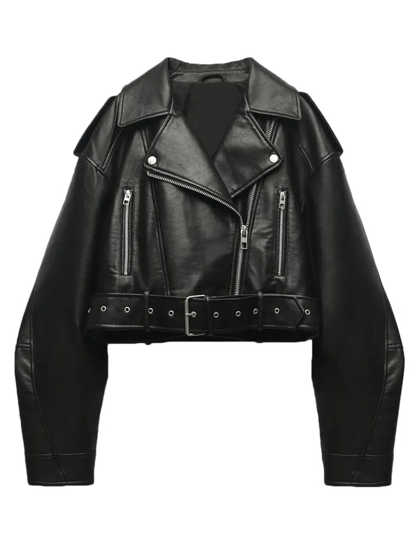 Women Oversized Vintage Loose Pu Faux Leather Short Jacket with Belt Streetwear Female Zipper Retro Moto Biker Coat Outwear